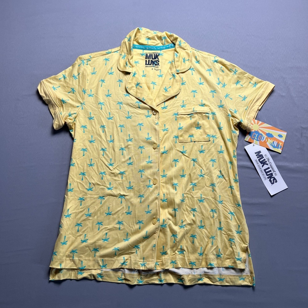 Muk Luks Pajama Top Womens Small Yellow Blue Palm Tree Cloud Knit Sleep Wear